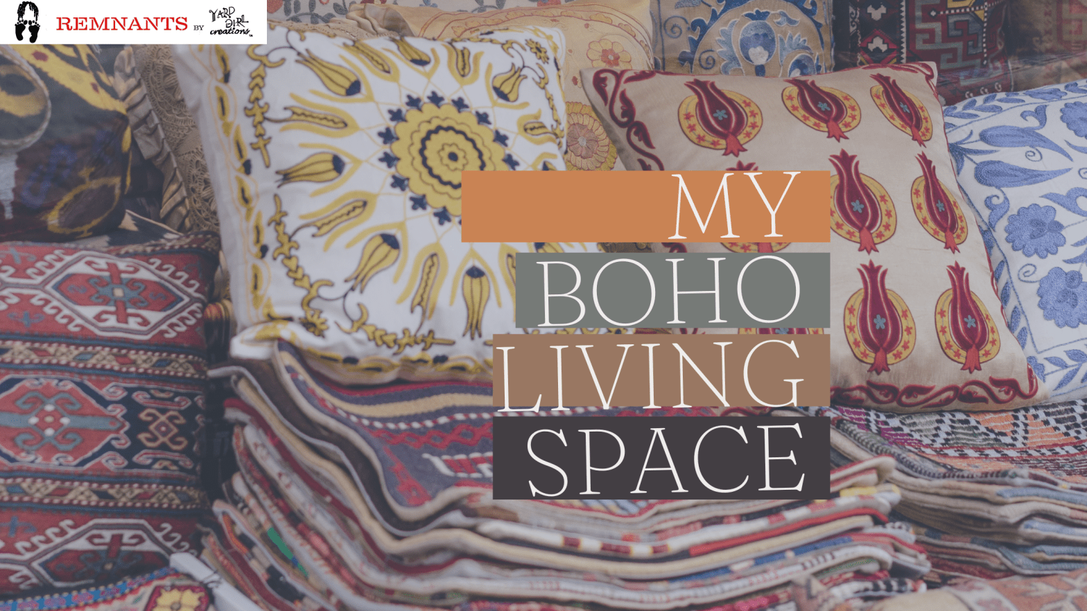 Several embellished pillow with the title overlaid