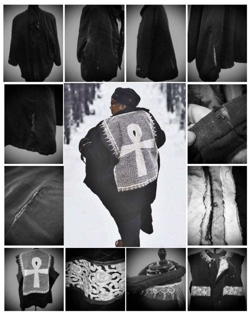 Collage of images starting with the original black coat with rips various stages of the up cycling process and a picture of my mother in the center showing of the design on the back of the coat with an African symbol on the back. 