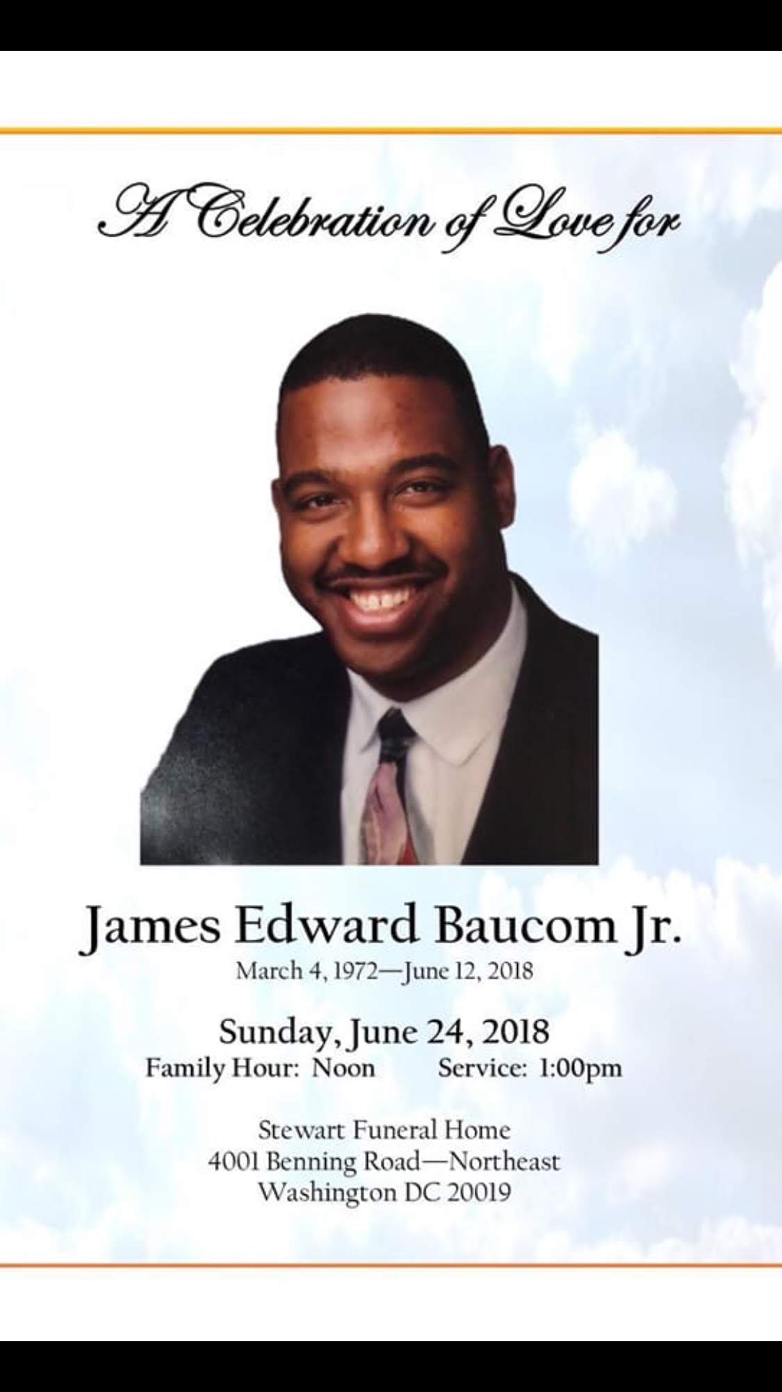 Cover of obituary for James Edward Baucome, Jr. from 2018. 