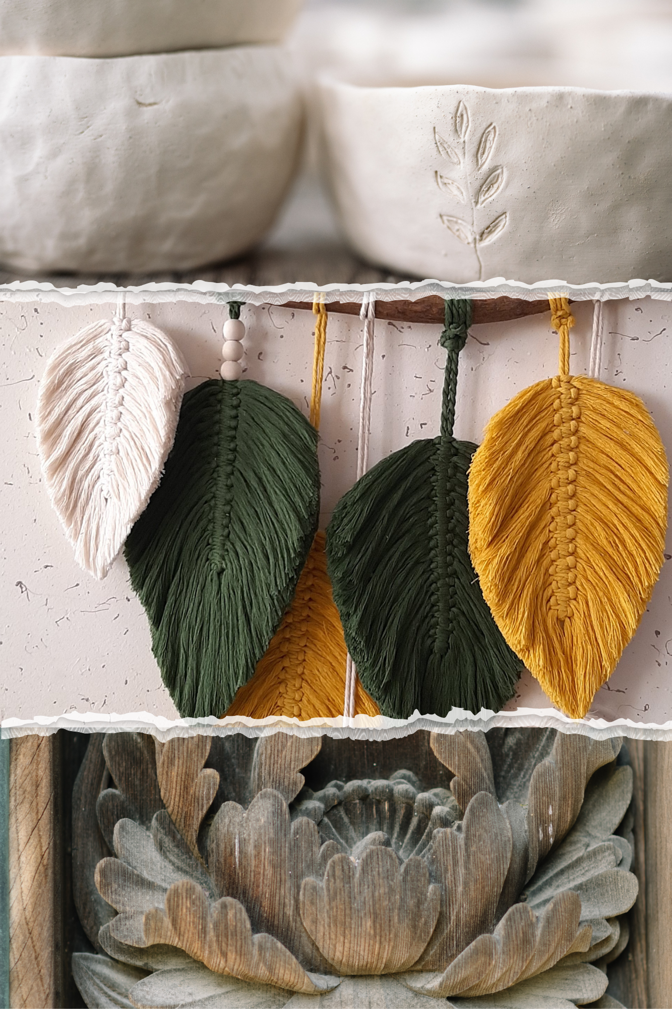 composition of images of clay bowls, macrame leaves and wood carvings