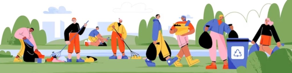 cartoon image of people cleaning up a park